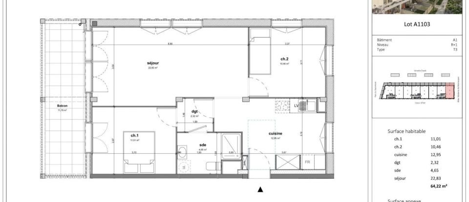 Appartement 3 pièces de 64 m² à Bussy-Saint-Georges (77600)