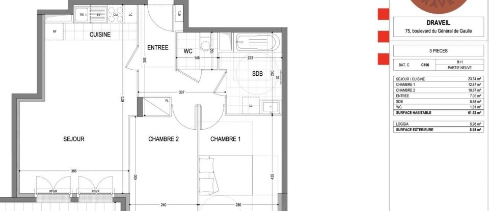 Apartment 3 rooms of 61 m² in Draveil (91210)