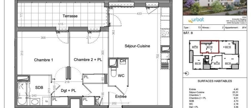 Appartement 3 pièces de 61 m² à Villeurbanne (69100)
