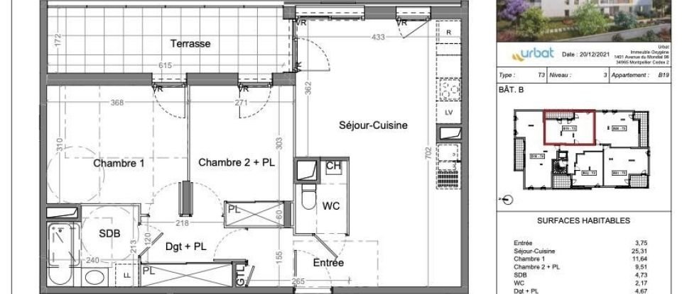 Appartement 3 pièces de 61 m² à Villeurbanne (69100)