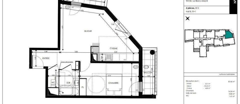 Appartement 2 pièces de 50 m² à Le Blanc-Mesnil (93150)