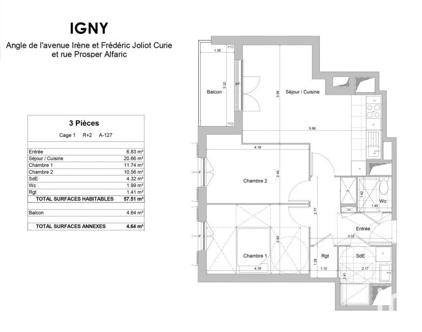 Apartment 3 rooms of 57 m² in Igny (91430)