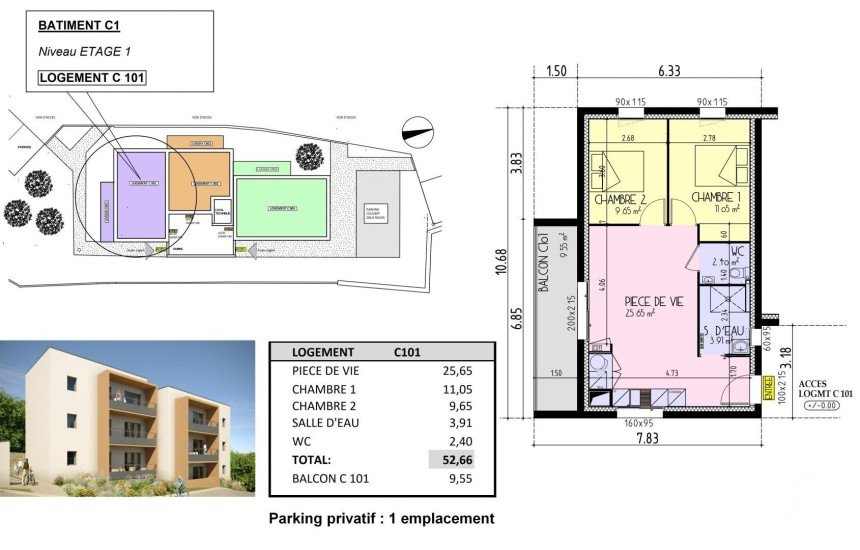 Appartement 3 pièces de 53 m² à Les Herbiers (85500)