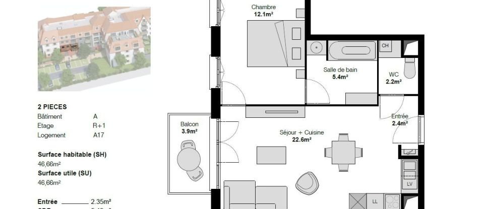 Appartement 2 pièces de 45 m² à Linselles (59126)