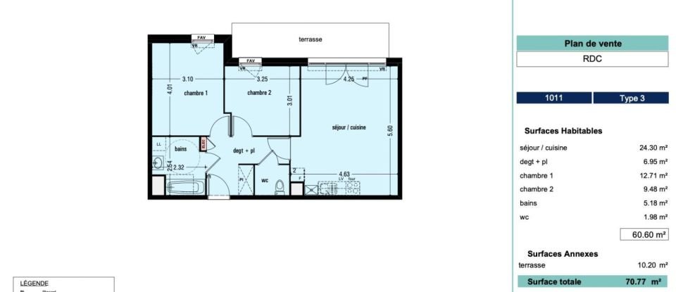 Appartement 3 pièces de 59 m² à Lens (62300)