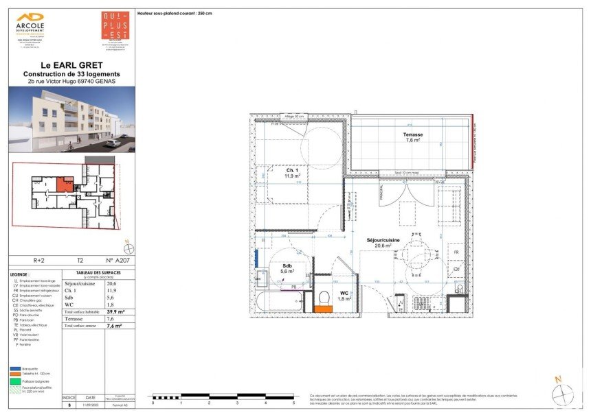 Appartement 2 pièces de 39 m² à Genas (69740)