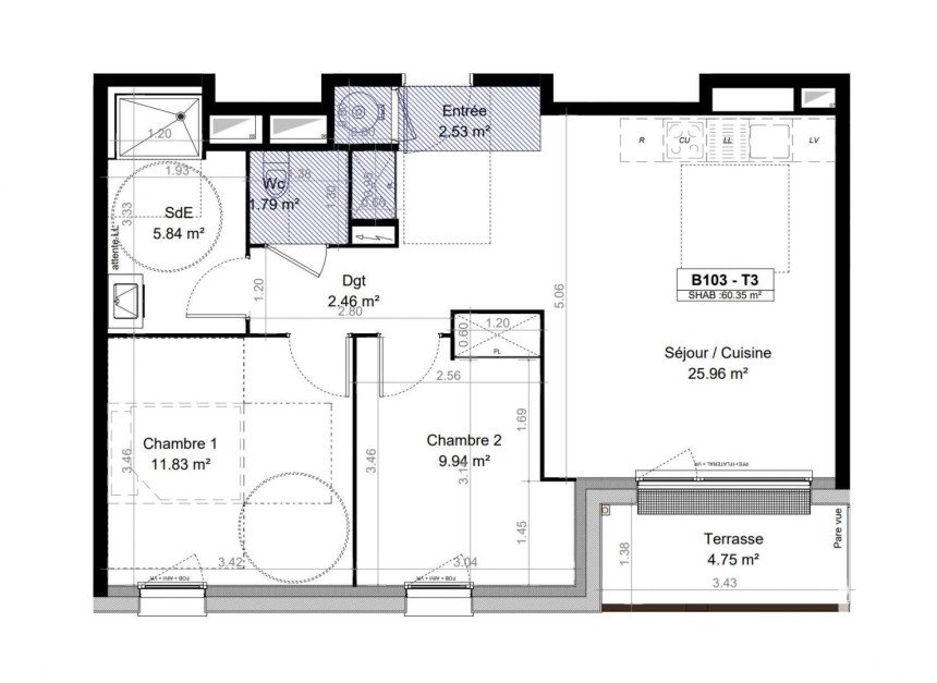 Apartment 3 rooms of 60 m² in Carpiquet (14650)