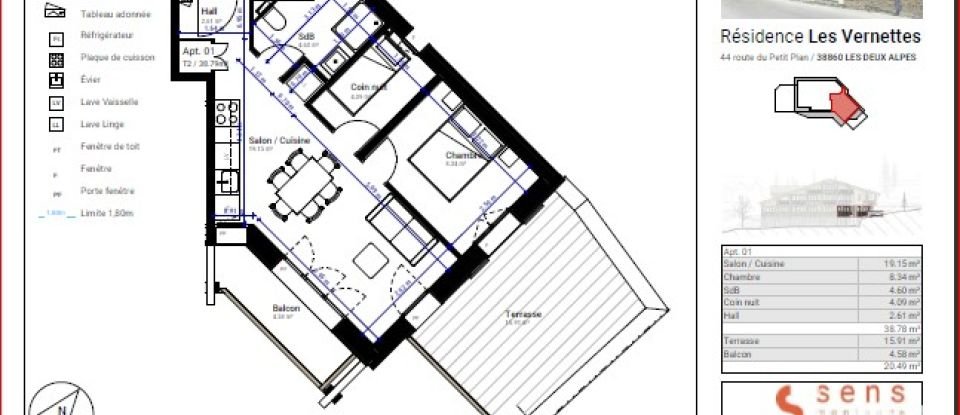 Appartement 3 pièces de 39 m² à LES DEUX-ALPES (38860)
