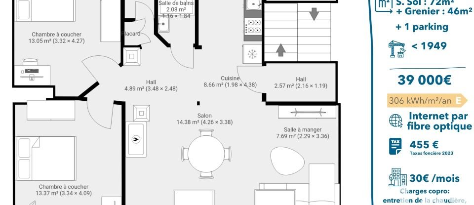 Apartment 3 rooms of 72 m² in Mandeure (25350)